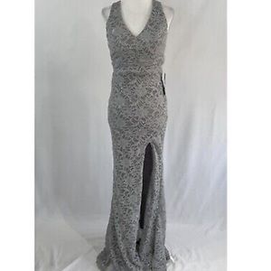 City Studio Glitter Lace Satin Bow Back High Slit Maxi Dress size 5